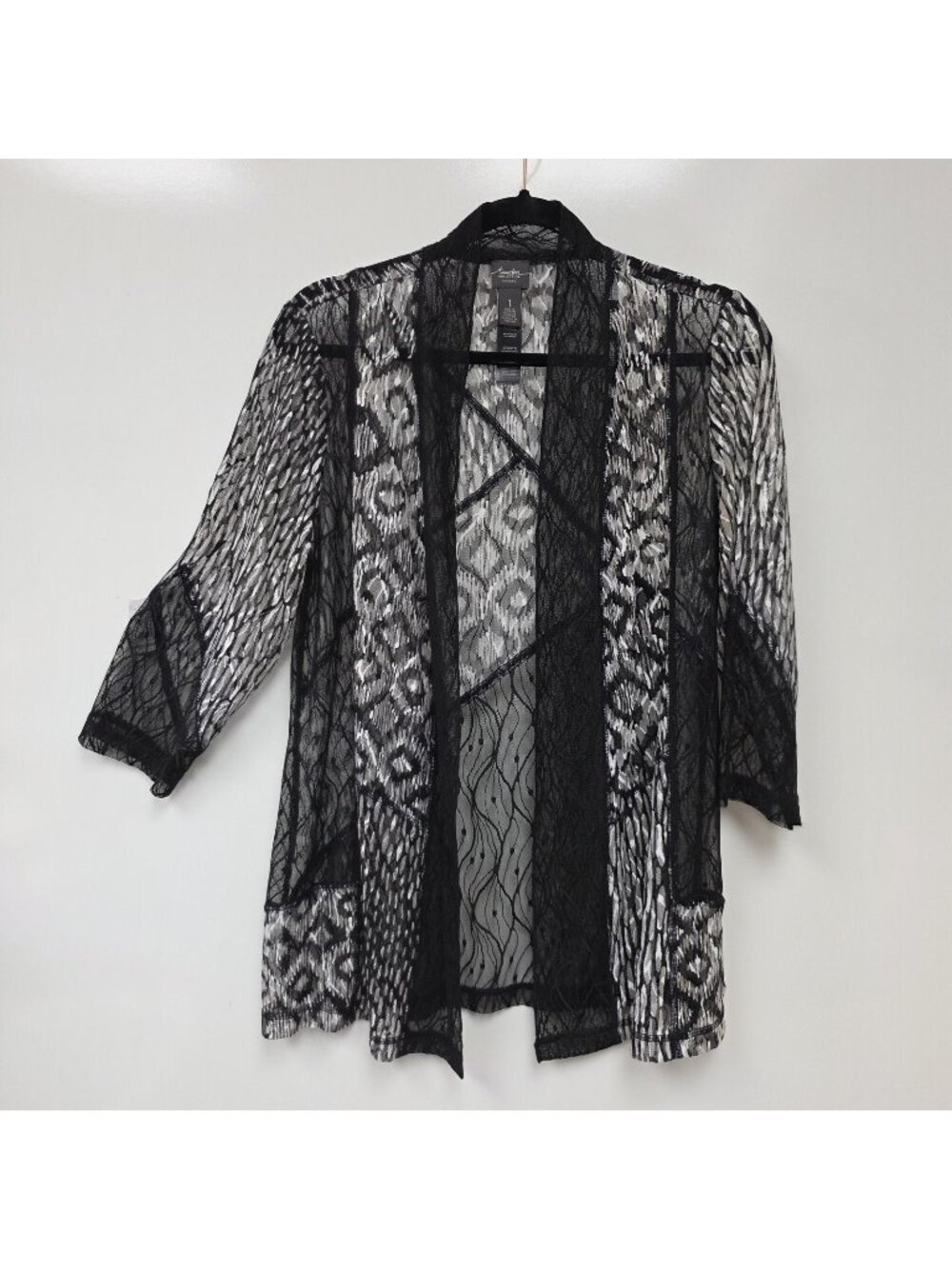 Chico's Shirt Womens 1 Black Animal Print Sheer Mesh Kimono Top Open Front